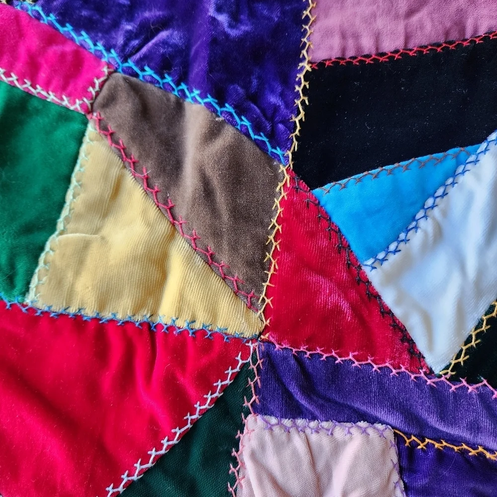 ANTIQUE Velvet Crazy Quilt bright colors floral embroidered 73in x 55in‎